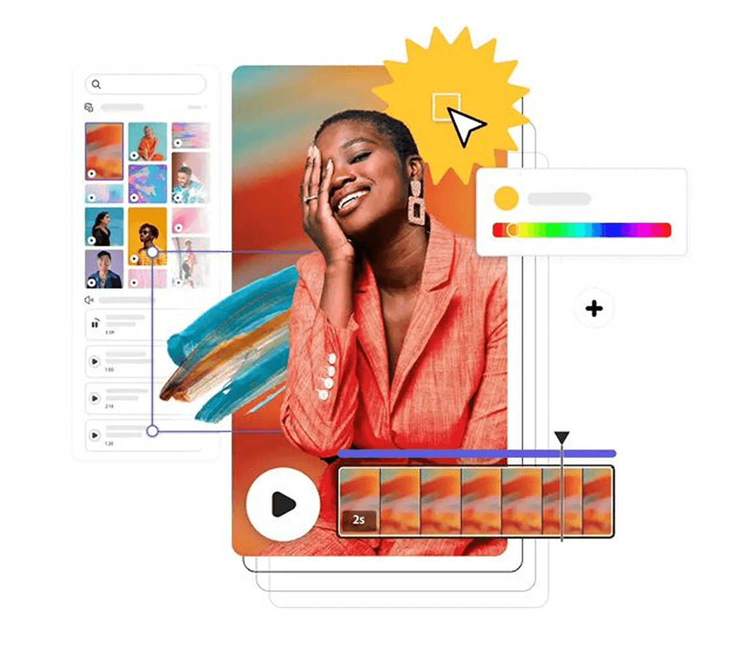 Creative production tool mockup with asset gallery, timeline, and color controls