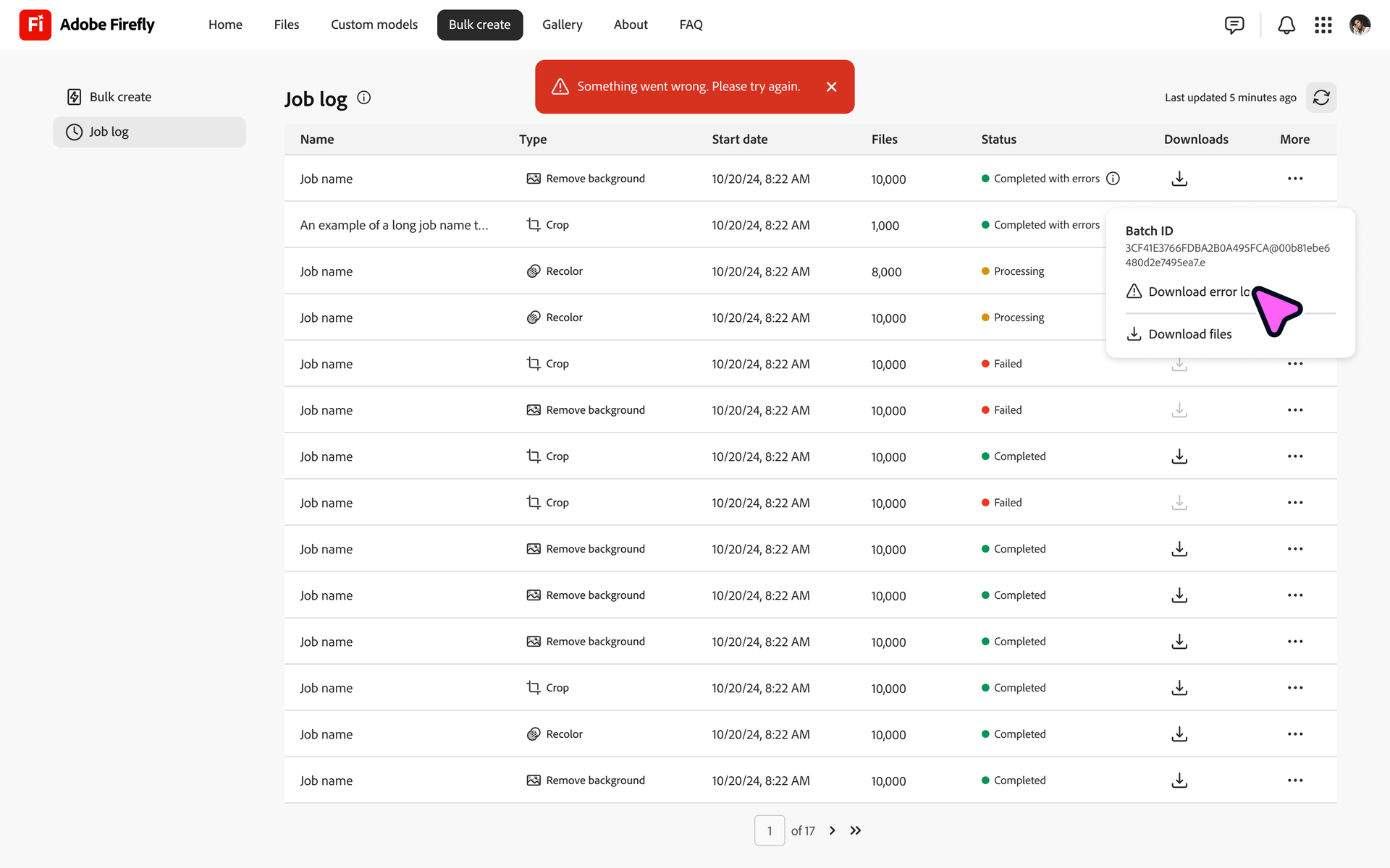 Job log listing batch status, timestamps, and downloads