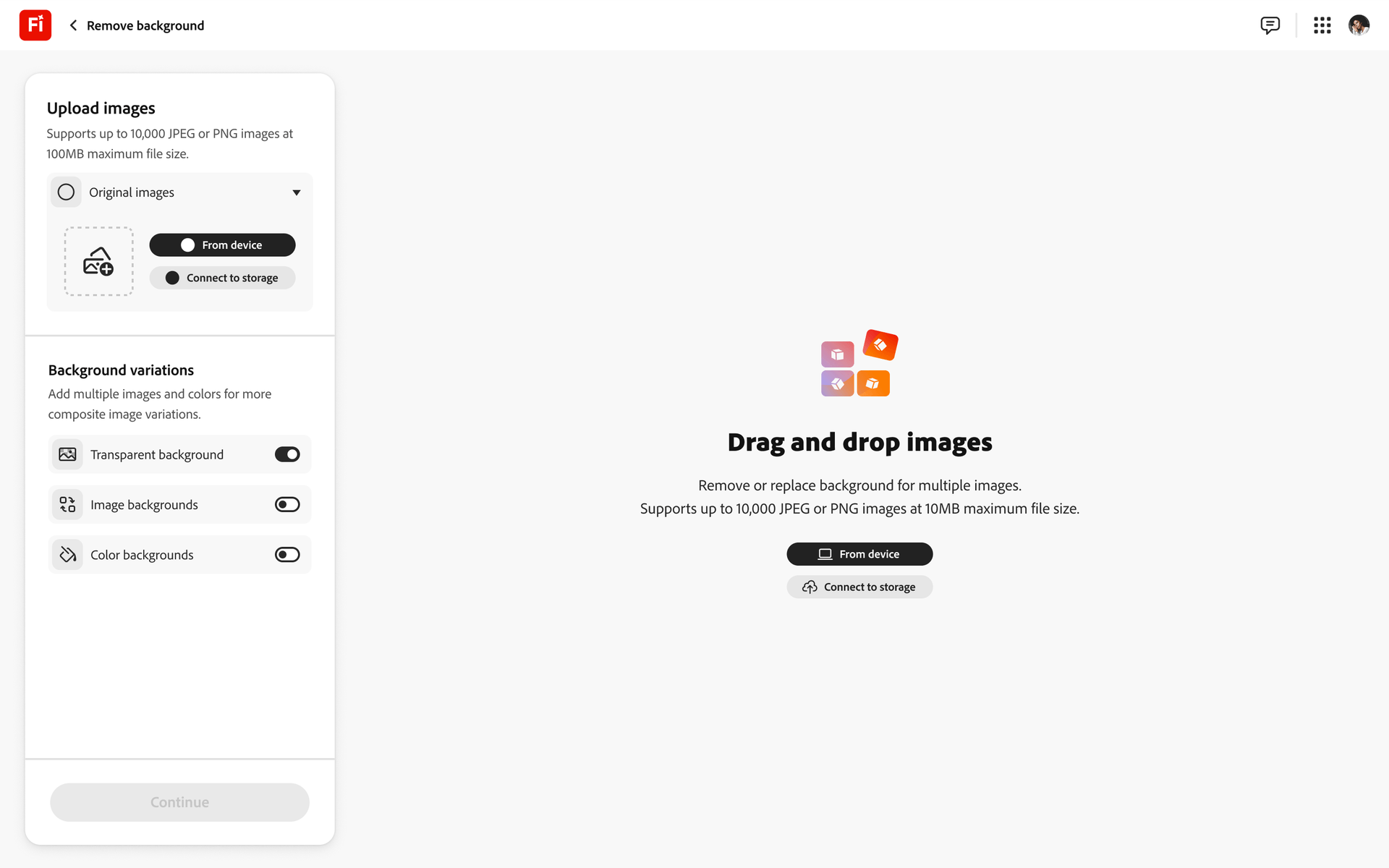 Creative production empty state with upload call to action