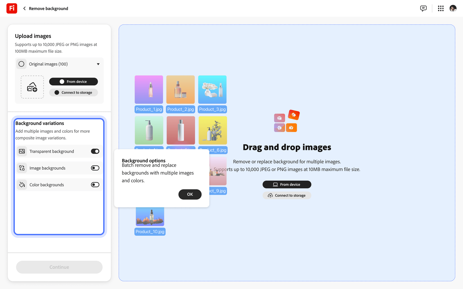 Drag-and-drop upload flow for bulk image assets