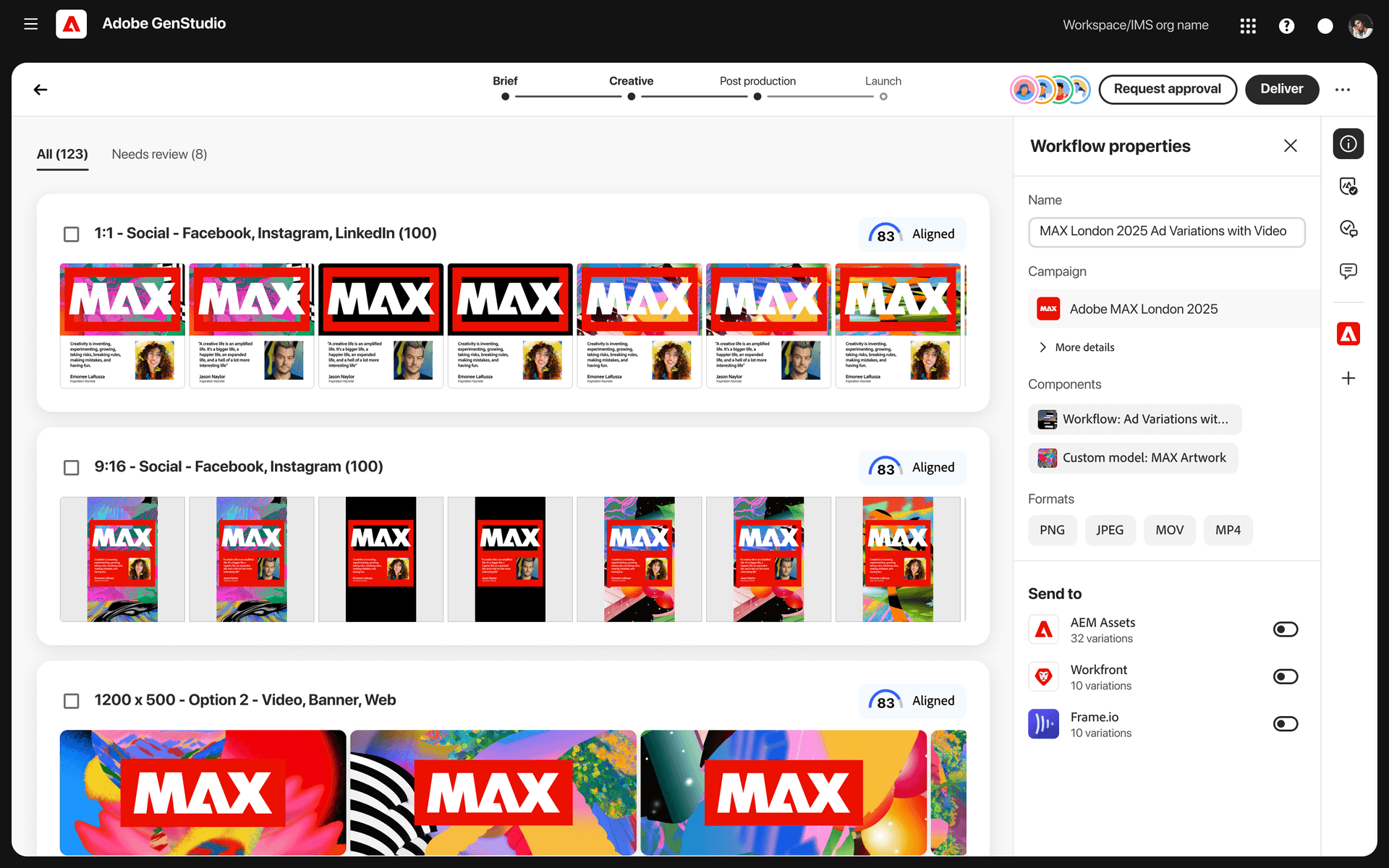 Adobe GenStudio previewing the generated, brand-applied asset set across video, posts, and templates before final approval