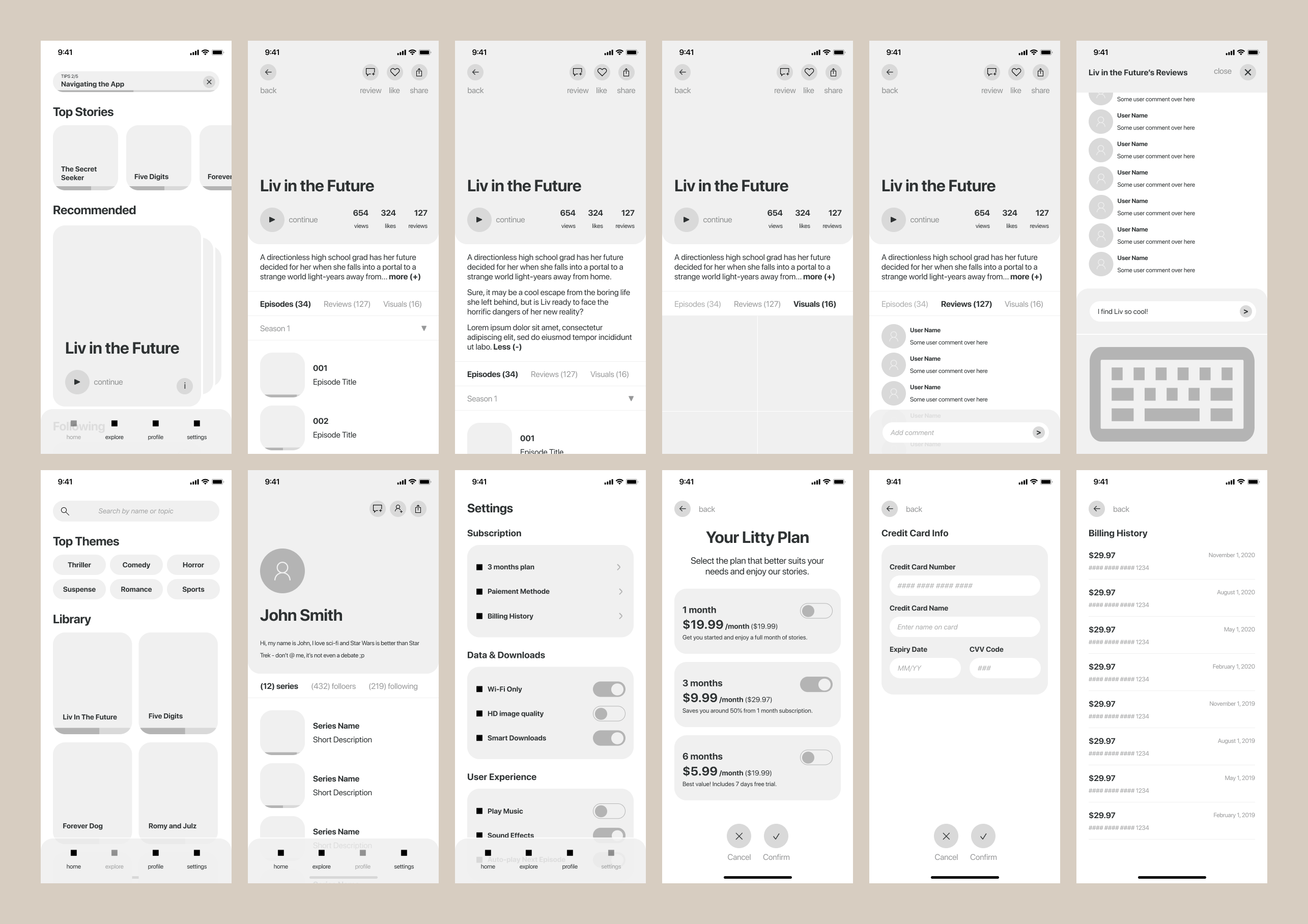 Reader and account wireframe set: browse, read, season select, plans, billing