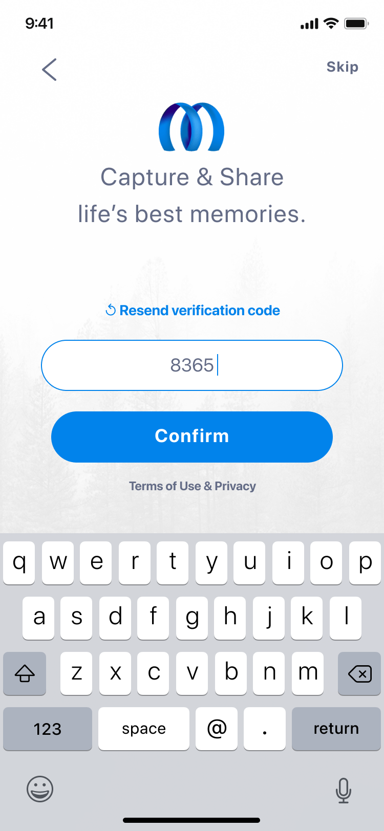 Memoory final UI: code entry screen