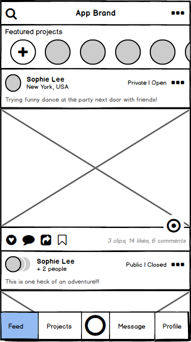 Memoory wireframe: social mobile feed