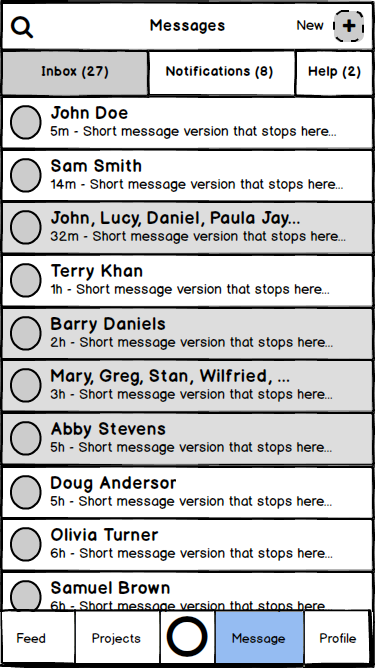 Memoory wireframe: inbox list