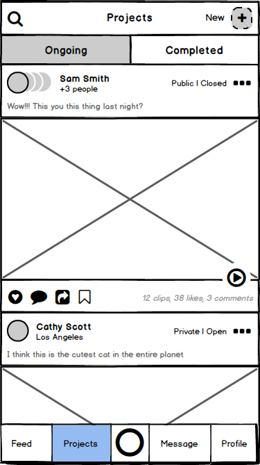 Memoory wireframe: projects list