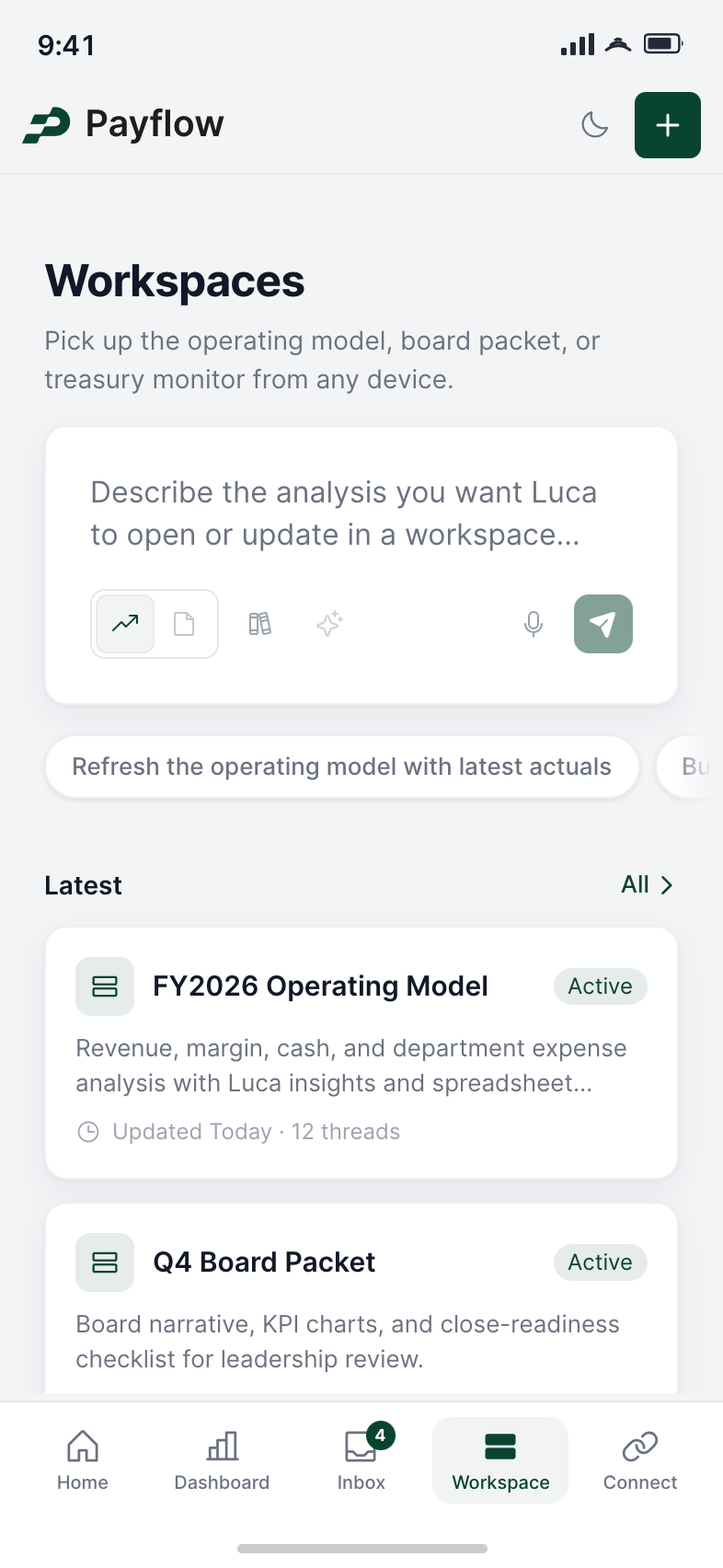 Payflow AI workspace, mobile