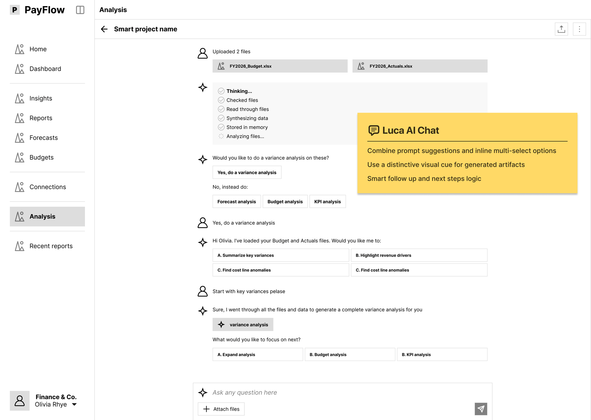 Wireframe: an expanded chat thread with follow-up questions