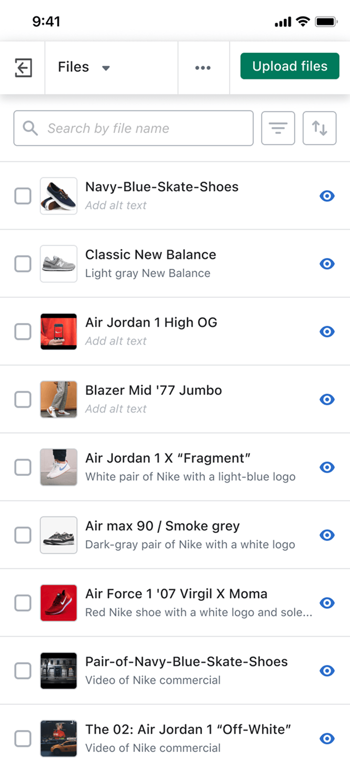 Mobile Files list with Add alt text placeholders